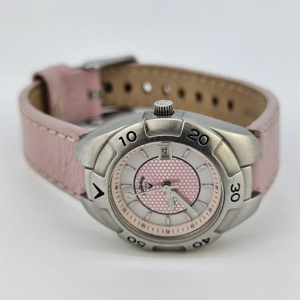 Callaway Golf Watch Women's 28MM Pink Dial Date Pink Leather Bands New Battery‎